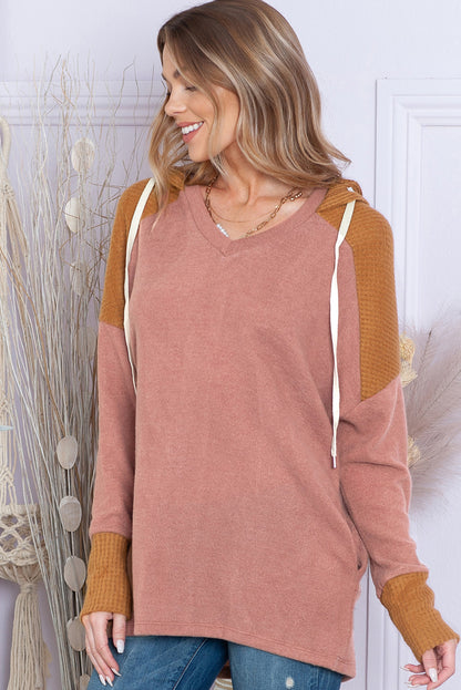 Brown Patchwork Casual Drawstring Tunic Hoodie