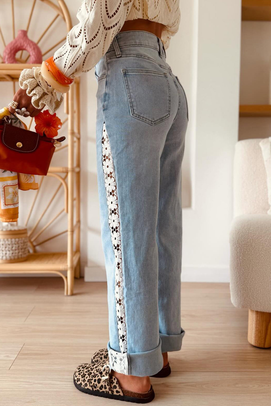 Beau Blue Hollowed Lace Patchwork Full-Length Jeans