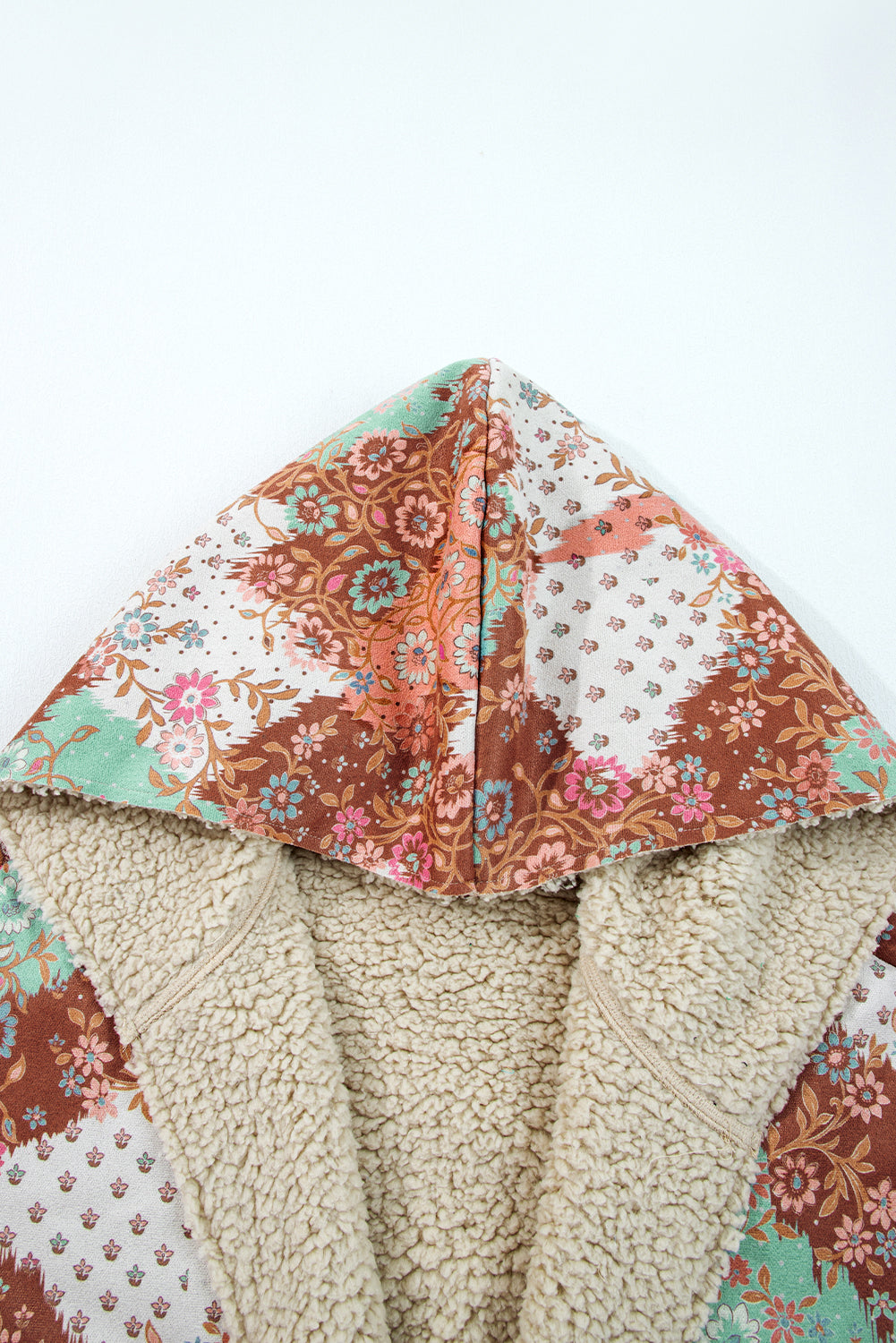 Khaki Vintage Paisley Floral Printed Sherpa Lined Hooded Jacket