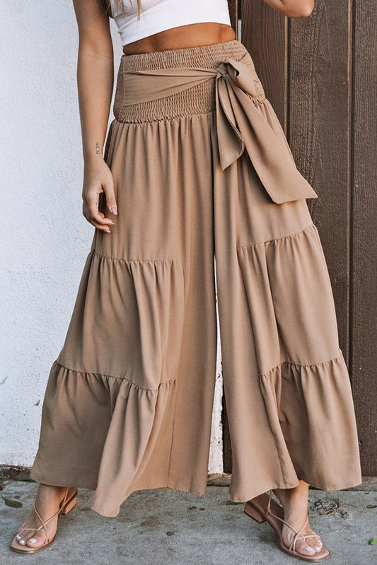 Khaki Lace Up Smocked Waist Tiered Wide Leg Pants