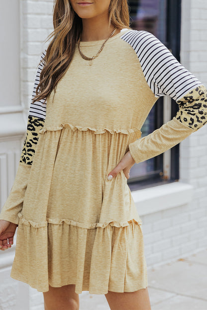 Khaki Striped Leopard Patchwork Long Sleeve Short Dress