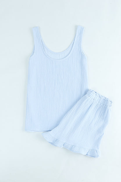 Textured U Neck Tank Top and High Waist Shorts Set