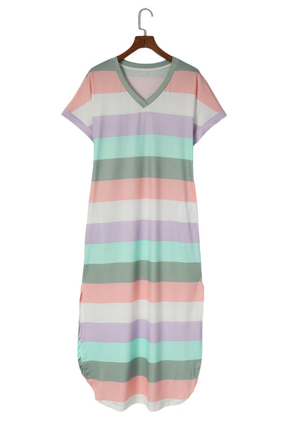 Multicolor Striped V Neck Side Slits T Shirt Dress with Pockets