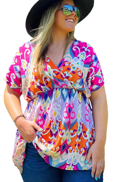 Multicolour Dreamy Abstract Print Wrap V Neck Plus Babydoll Blouse