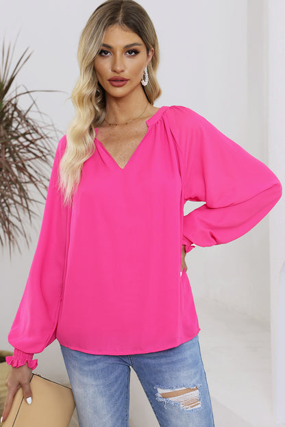 Rose Pleated V Neck Puffy Sleeve Blouse