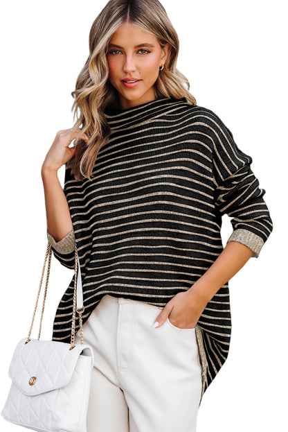 Brown Striped Turtleneck Oversized Sweater