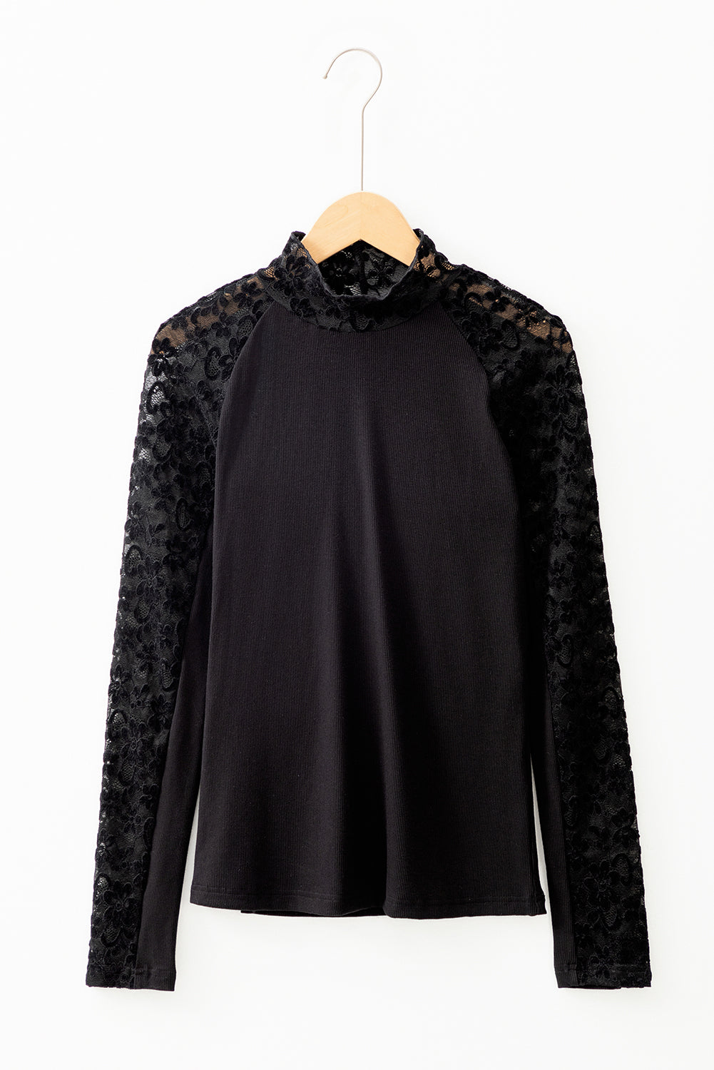 Beige Floral Lace Patchwork Long Sleeve High Neck Slim Top