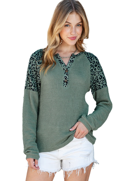 Green Leopard Print Waffle Knit Long Sleeve Henley Shirt