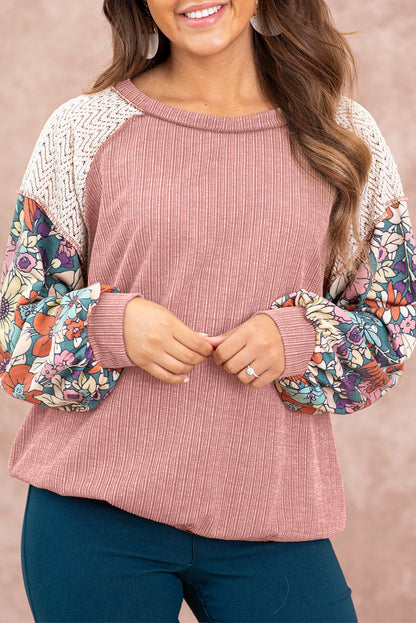 Rose Pink Floral Patchwork Puff Sleeve Exposed Seam Top