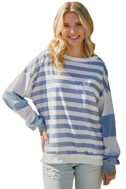 Blue Striped Casual Drop Shoulder Pullover Sweatshirt