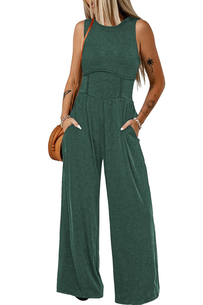 Blackish Green Sleeveless High Waist Wide Leg Jumpsuit