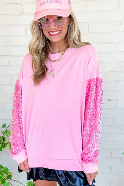 Pink Sequin Patchwork Long Sleeve Pullover Top