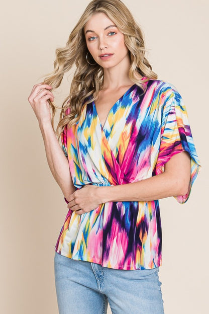 BOMBOM Printed Surplice Peplum Blouse