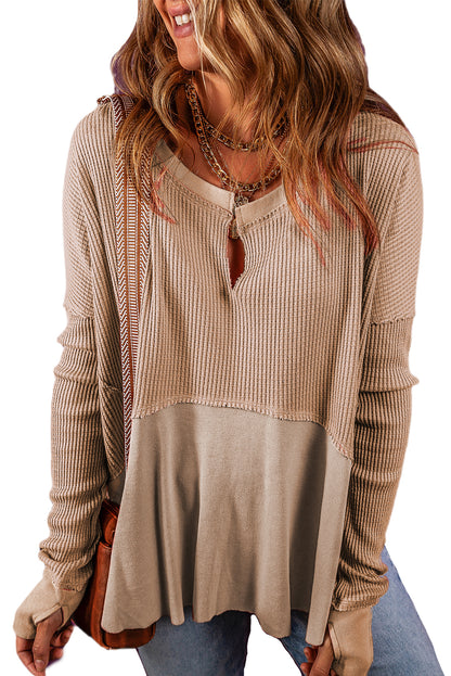 Mineral Red Waffle Knit Patchwork Exposed Seam Long Sleeve Top