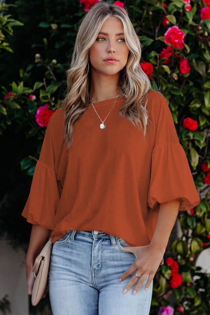 Orange Solid Color Casual Bishop Sleeve Blouse