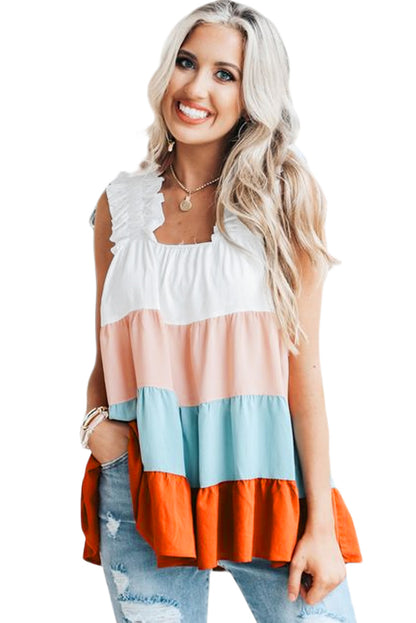 White Color Block Frill Straps Tiered Sleeveless Shirt