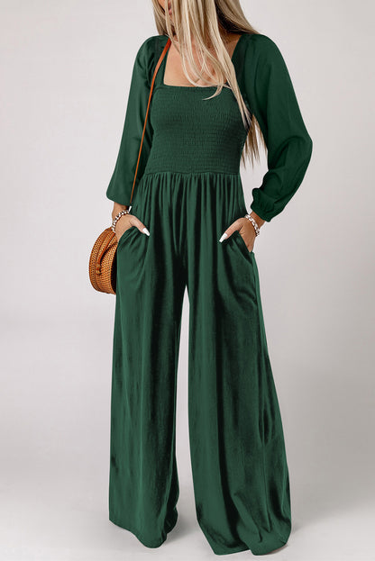 Green Smocked Square Neck Long Sleeve Wide Leg Jumpsuit