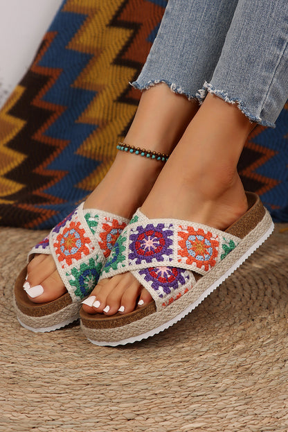 Tillandsia Purple Geometric Woven Crisscross Strap Platform Slippers