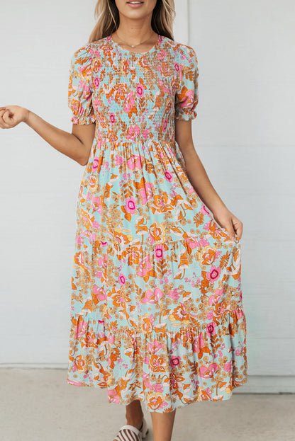 Boho Wide Sleeve Smocked Waist Floral Dress