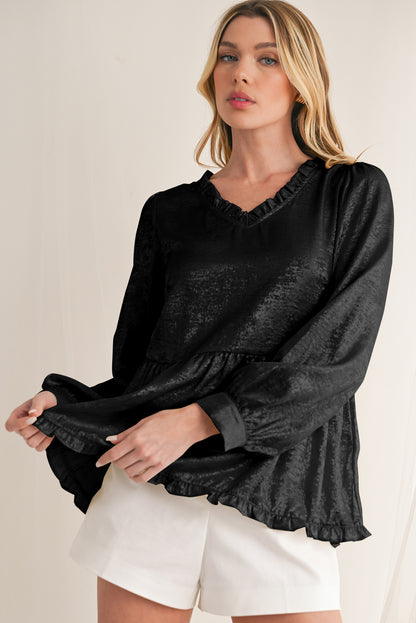 Gold Metallic Velvet Frill V Neck Puff Sleeve Babydoll Blouse