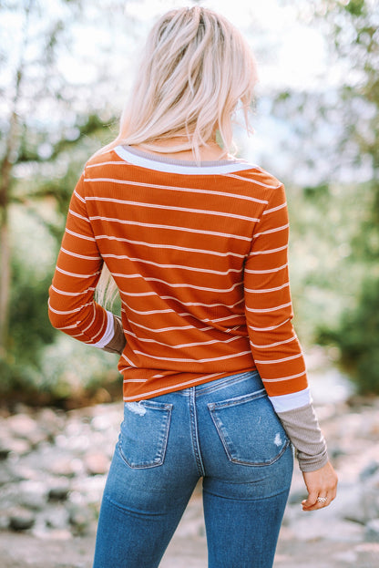 Brown Contrast Spliced Color Block Cuffs Rib Knit Top