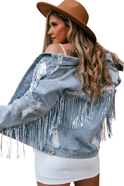 Blue Sequined Fringe Distressed Button Up Denim Jacket