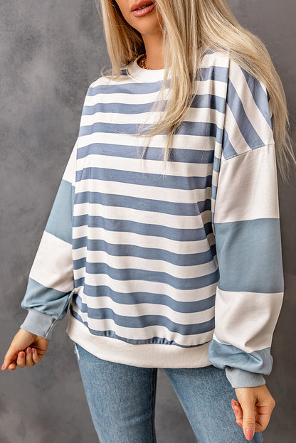 Blue Striped Casual Drop Shoulder Pullover Sweatshirt