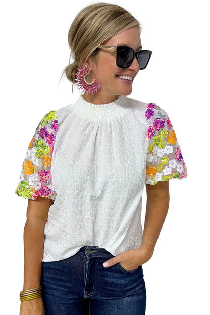 White Smocked Neck Sequin Flower Puff Sleeve Textured Top