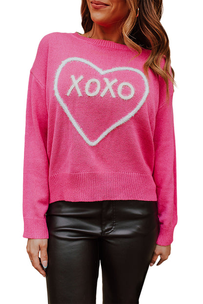 Rose Heart XOXO Pattern Casual Knitted Sweater