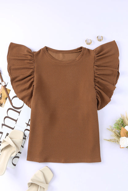 Brown Textured Butterfly Sleeve Summer Top for Women