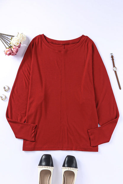 Red Basic Solid Color Seam Patchwork Long Sleeve Top