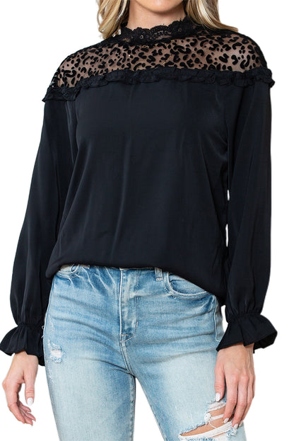 Black Leopard Sheer Splicing Lace Neck Ruffle Blouse