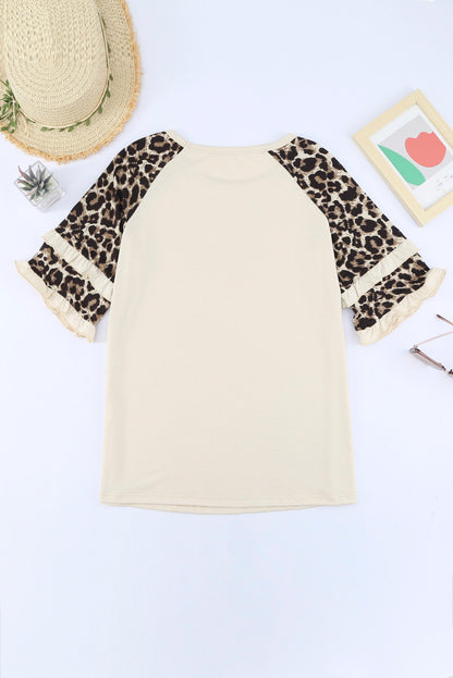 Beige Cheetah Print Tiered Half Sleeve Jewel Neckline T Shirt