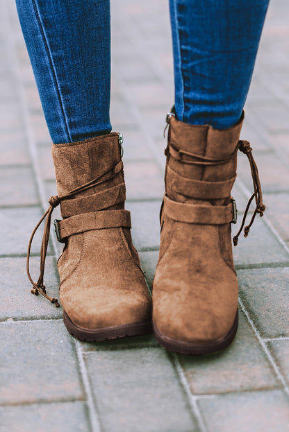 Black Faux Suede Zip Up Buckle Straps Ankle Boots