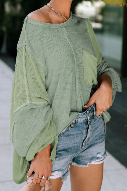 Green Splicing Long Sleeve Pocketed Oversized Top