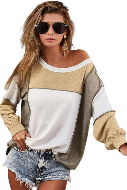 Khaki Color Block Exposed Seam Long Sleeve T Shirt