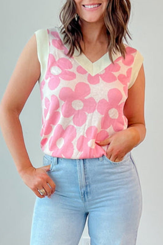 Pink Floral V-Neck Contrast Trim Knitted Vest