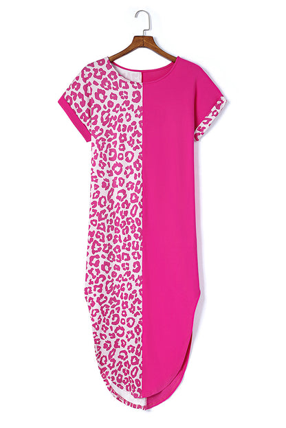 Rose Leopard Patchwork Pocket Casual T-Shirt Dress With Slits