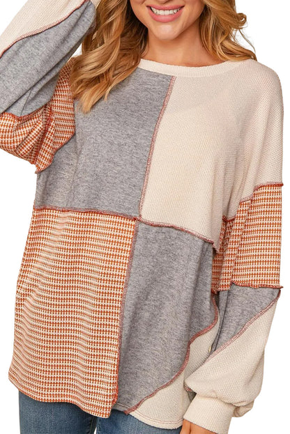 Multicolor Exposed Seam Color Block Pullover Long Sleeve Top