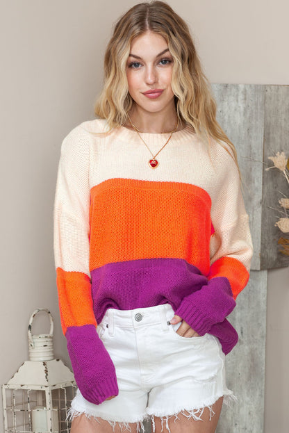 Multicolor Color Block Drop Shoulder Round Neck Knit Sweater