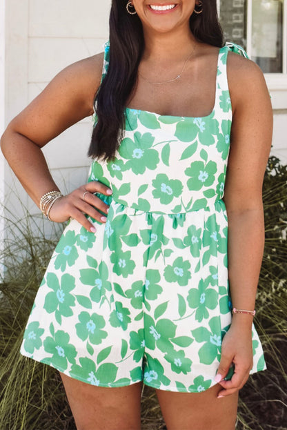 Green Floral Print Knotted Strap Flared Romper