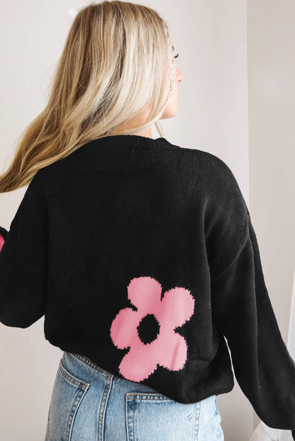 Black Flower Pattern Ribbed Trim Knit Sweater