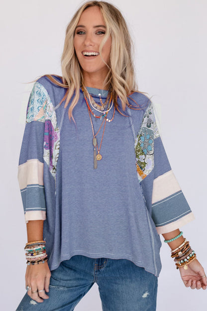 Sky Blue Striped and Floral Patchwork Oversized Top