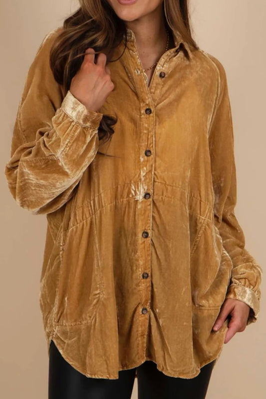 Gold Solid Color Long Sleeve Vintage Button Up Shacket