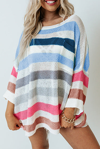 Multicolor Striped Knit Top with Chest Pocket