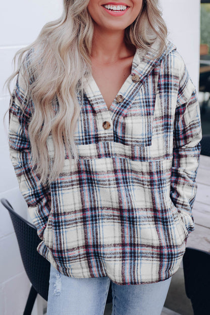 Khaki Plaid Button Neck Pocketed Pullover Hoodie