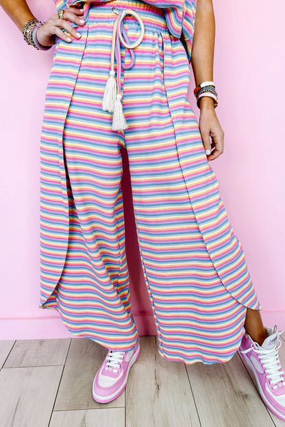 Pink Stripe Rainbow Tee and Tassel Drawstring Wide Leg Pants Set