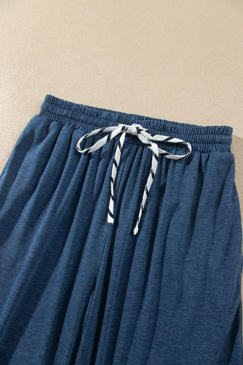 Gray Stripe V Neck Ruffle Contrast Sleeve Top Drawstring Pants 2pcs Set