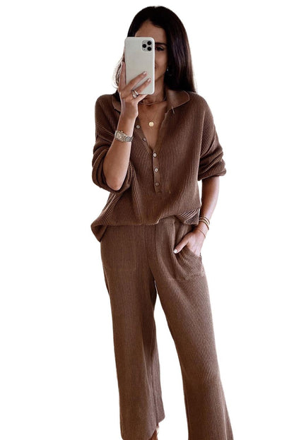 Brown Ribbed Henley Shirt and Wide Leg Pants Loungewear Set