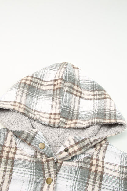 Khaki Snap Button Sherpa Lined Hooded Flannel Jacket